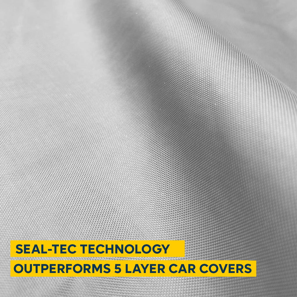 a light gray cover with seal-tec technology that outperfoms 5 layer car covers