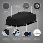 a seal-tec car cover with lifetime warranty which outperforms 5 layer car covers .It's 100% waterproof with reinforced taped seams and grommets. It has elastic hem and super soft spun cotton interior to prevent scratches also it has storm proof straps to secure the cover . The cover comes in 3 different colors Blue,Gray,Black and it comes with theft proof cable & lock