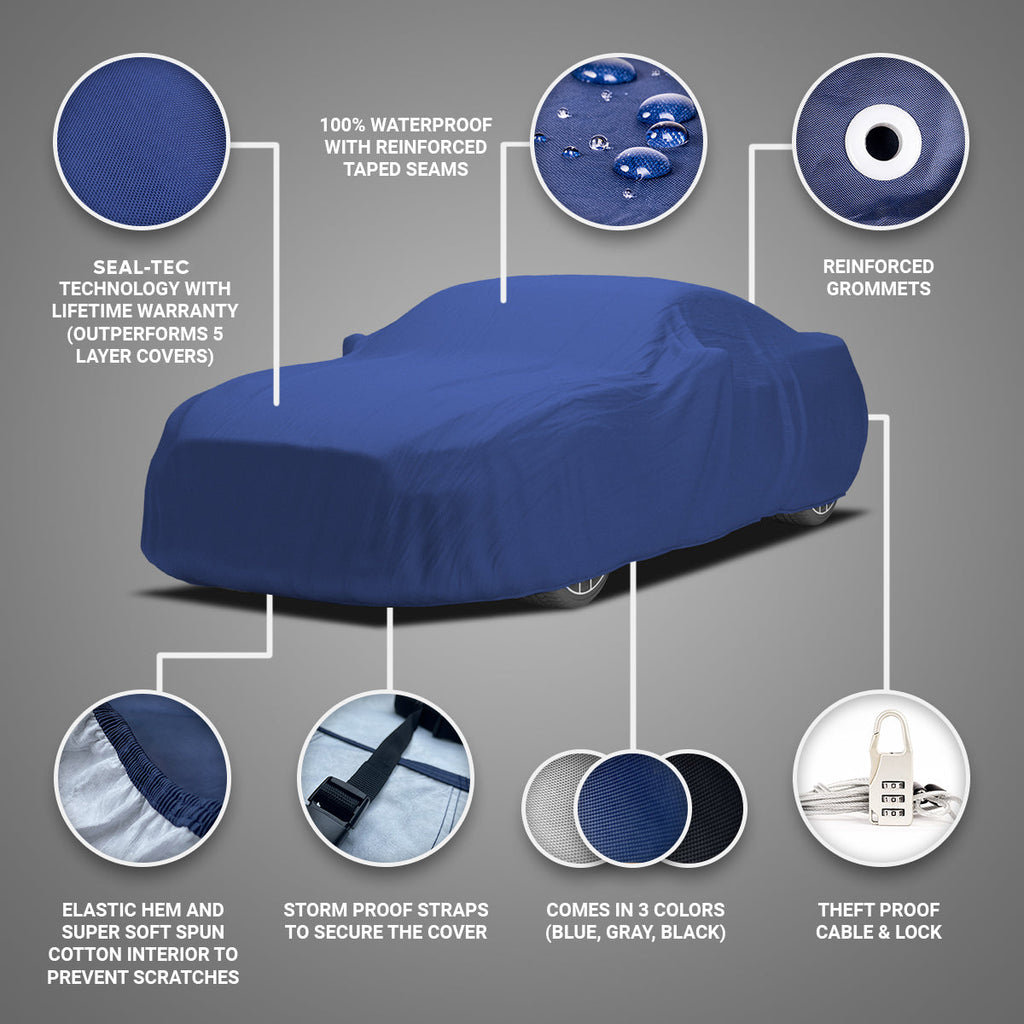 Seal Skin Supreme blue car cover, seal-tec technology,100% waterproof, reinforced taped seams, grommets, elastic hem, super soft spun cotton interior, storm proof straps, free cable lock