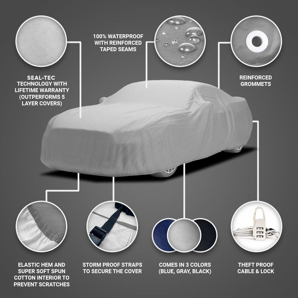 a seal-tec car cover with lifetime warranty which outperforms 5 layer car covers .It's 100% waterproof with reinforced taped seams and grommets. It has elastic hem and super soft spun cotton interior to prevent scratches also it has storm proof straps to secure the cover . The cover comes in 3 different colors Blue,Gray,Black  and it comes with theft proof cable & lock