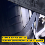 black strap and buckle system , tight fit , stormproof and easy to install