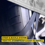 light gray strap and buckle system , tight fit , stormproof and easy to install