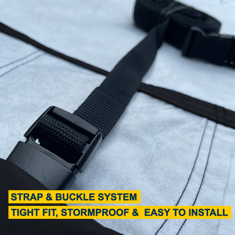 black strap and buckle system , tight fit , stormproof and easy to install