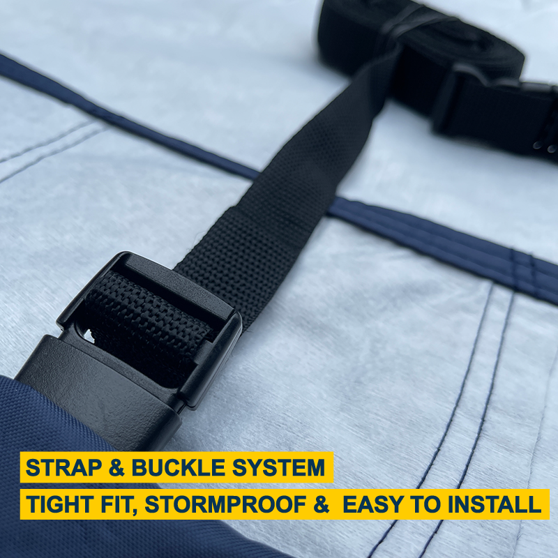 blue strap and buckle system , tight fit , stormproof and easy to install