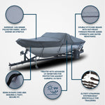 Seal Skin Supreme grey boat cover, 1200 denier polyester fabric, double stitched seams with rot-proof threads, sewn-in hem cord, UV inhibitors, elite fit strapping systems built specifically for trailering